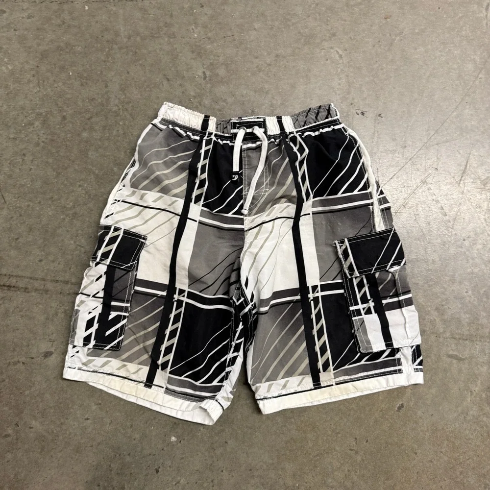 Banana Split USA Mens Board Shorts Black‎ White Abstract Geometric Cargo Size M